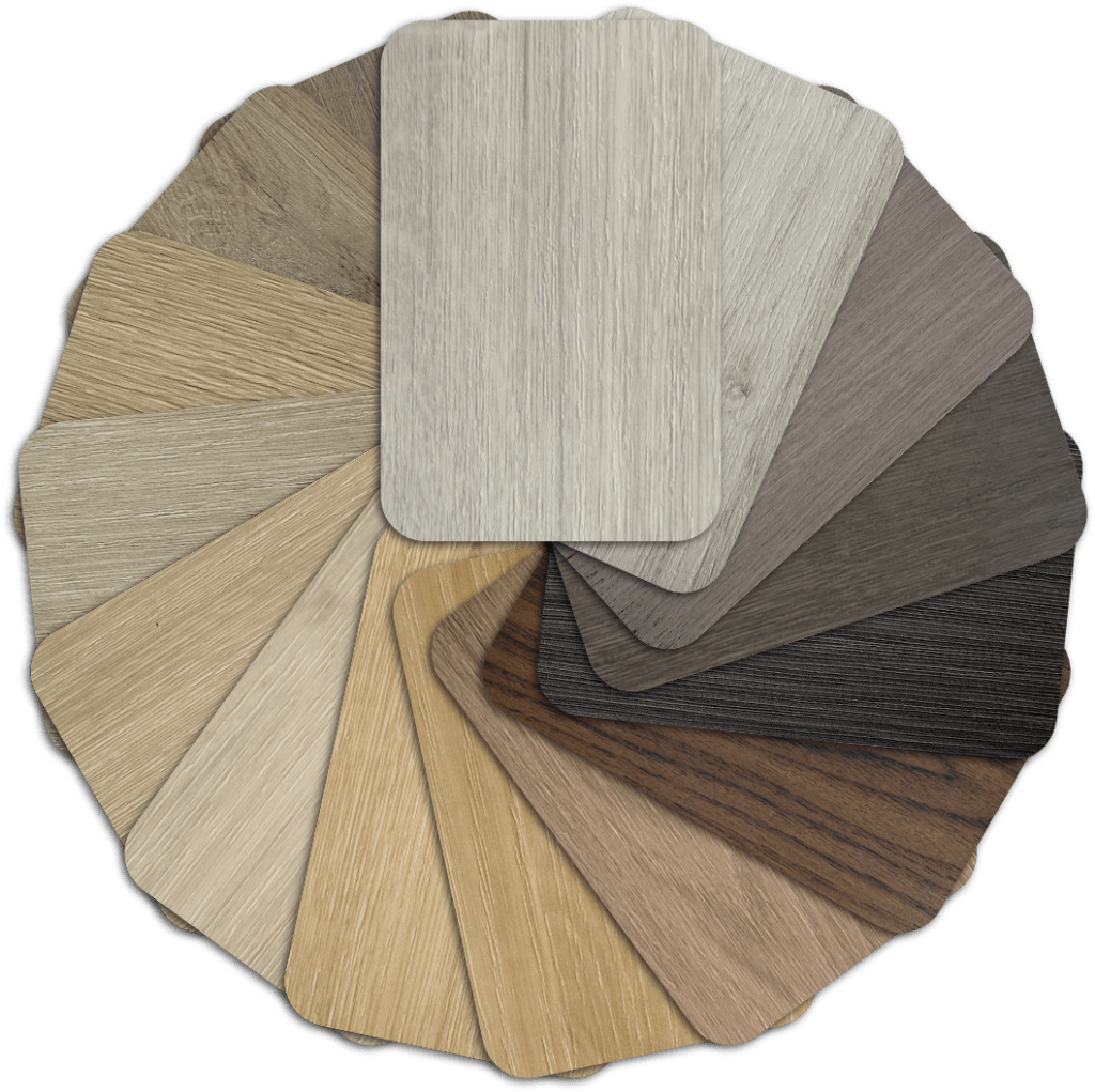 Fan-style display of Embolden 3D Texture cabinet finish swatches featuring embossed wood-inspired textures
