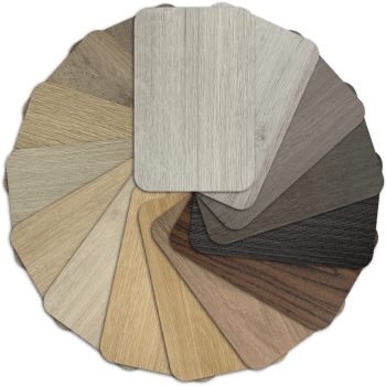 Fan-style display of Embolden 3D Texture cabinet finish swatches featuring embossed wood-inspired textures